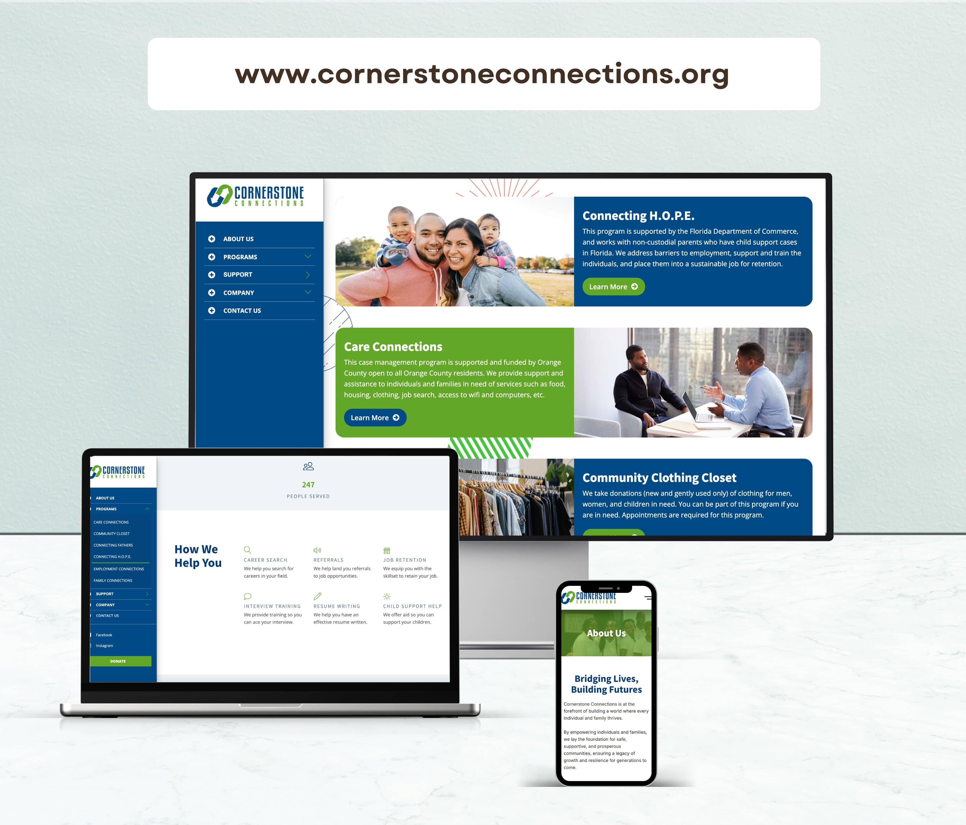 Cornerstone Connections website designed by Arising Co